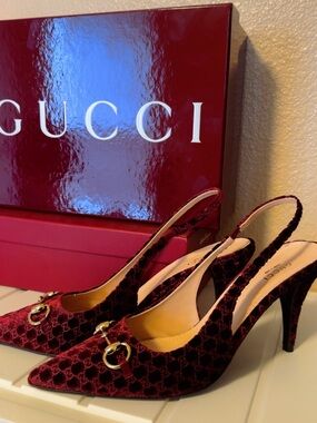 Gucci Burgundy Velvet GG Slingback Heels with Gold Hardware